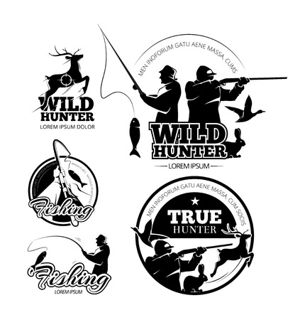 Vintage hunting and fishing vector labels, logos and emblems set. Deer and rifle, rod and aiming illustrationのイラスト素材