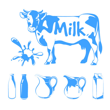 Vector elements for milk logos, labels and emblems. Food farm, cow and fresh natural beverage illustrationのイラスト素材