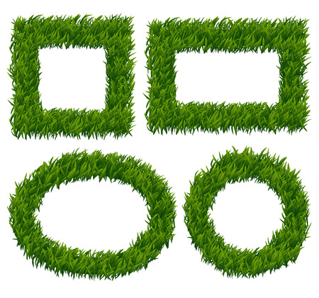 Green grass frames vector set. Nature plant, herb pattern, eco growth border illustrationのイラスト素材