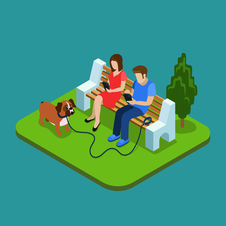 Social media addiction. Young couple in park with smartphones. 3d isometric people concept. Man and woman addiction social media, network social illustrationのイラスト素材