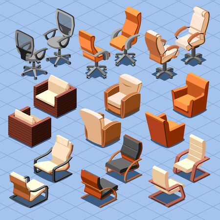 Chair and armchair isometric vector set. Chair interior armchair furniture, isometric chair, seat armchair business or home illustrationのイラスト素材