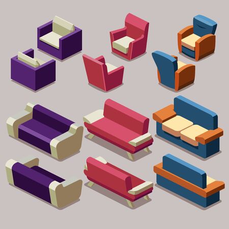 Living room isometric furniture vector set. Sofa and armchairs. Sofa interior, armchair furniture, isometric sofa and armchair illustrationのイラスト素材