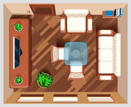 Living room with furniture top view. Interior room for living, house room, view top room, table and armchair furniture illustrationのイラスト素材