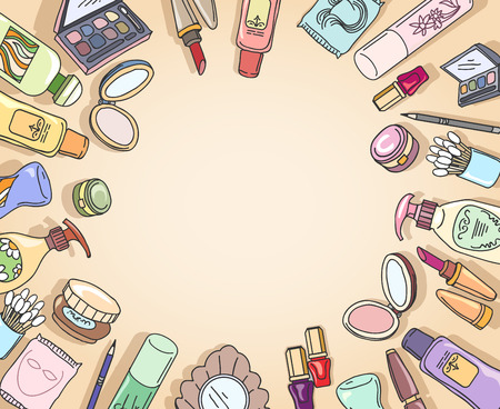 Cosmetics hand drawn top view frame vector. Frame fashion, makeup cosmetic, brush eyeshadow hand drawn illustrationのイラスト素材