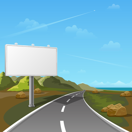 Road billboard with landscape background. Billboard advertising, advertisement blank, outdoor billboard, poster billboard illustrationのイラスト素材