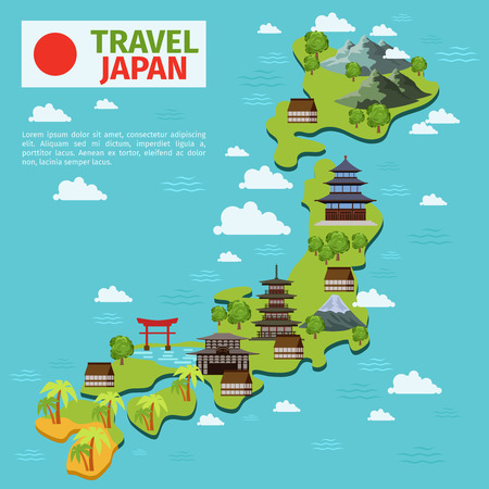 Japan travel vector map with traditional japanese landmarks. Japanese map, japan culture, japanese architecture illustrationのイラスト素材