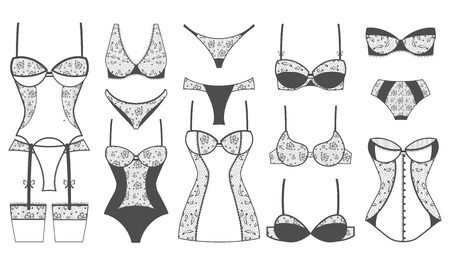 Sexy lacy lingerie set. Vector lingerie icons. Female fashion lingerie, underwear sexy, cloth design lingeria lacy illustrationのイラスト素材