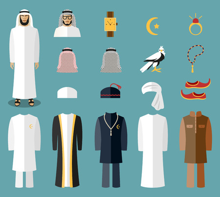 Arab man clothes and accessories. Arab cloth, traditional cloth, arabic islam cloth. Vector illustrationのイラスト素材