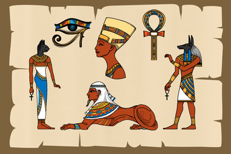 Ancient Egypt symbols on papyrus. Papyrus egyptian, ancient history, vector illustrationのイラスト素材