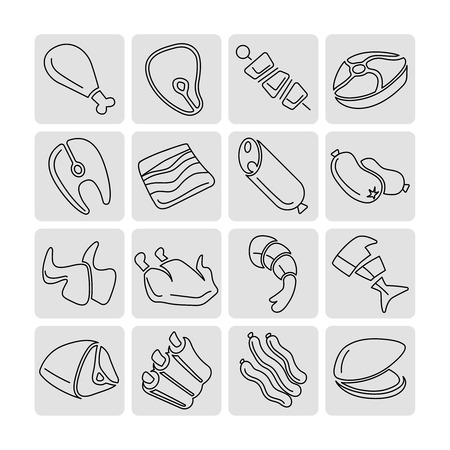 Meat outline linear icons vector set. Meat food, fish food, meat and fish food icon illustrationのイラスト素材