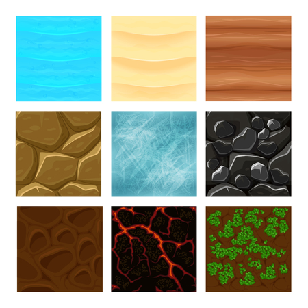 Game ground textures vector. Sea and ground, sand and lava texture game, interface gaming texture illustrationのイラスト素材