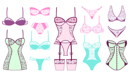 Female fashion lacy bra and panties. Collection feminine lingerie, lace, fashion underclothing, underwear sexy, brassiere erotic. Vector illustrationのイラスト素材