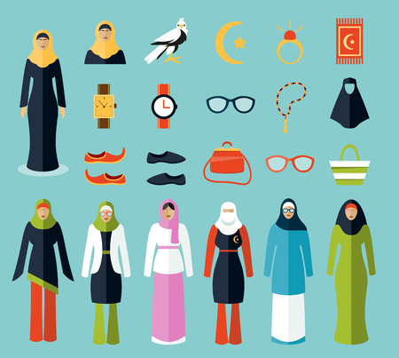 Arab woman accessories and clothes icons. Woman arab, cloth islam, woman handbag, sunglasses amd traditional arabic female, vector illustrationのイラスト素材