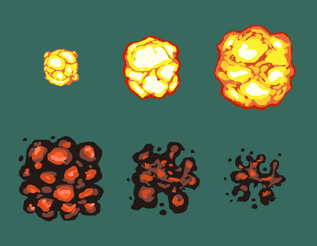 Explosion burst animation vector frames. Effect pixel flame, power explosion pixel art, bright retro animation illustrationのイラスト素材