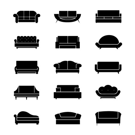Sofas and couches furniture black vector icons. Sofa interior, couch furniture,  comfortable sofa and couches, soft couches and sofa illustrationのイラスト素材