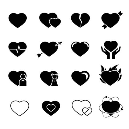 Hearts black vector icons. Heart icon, love heart valentine day, set romantic heart, health life heart illustrationのイラスト素材