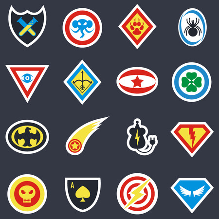 Superhero color vector badges, emblems,  . Superhero insignia, superhero protection, shield superhero, badge hero power illustrationのイラスト素材