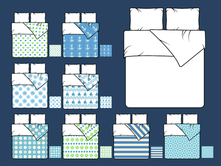 Bedding vector mockup and sample seamless patterns fills. Furniture bedding, comfort pillow, bedding interior, background pattern blanket bedding illustrationのイラスト素材