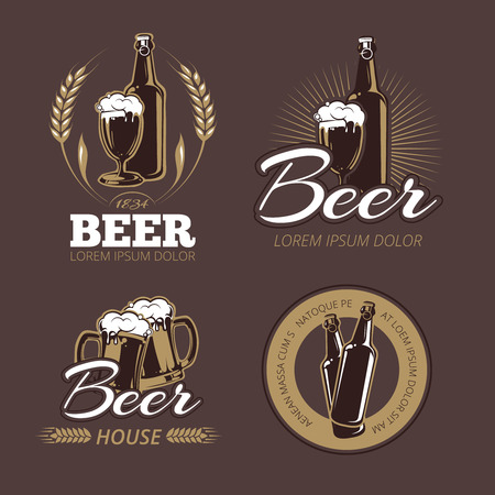 Color beer labels vector set. Beer badge, alcohol beer, lager beer bottle, beverage beer label illustrationのイラスト素材
