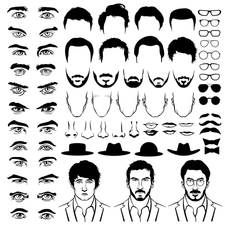Constructor with men hipster haircuts, glasses, beards, mustaches. Man fashion, man construct, man hipster haircut illustration. Vector flat styleのイラスト素材