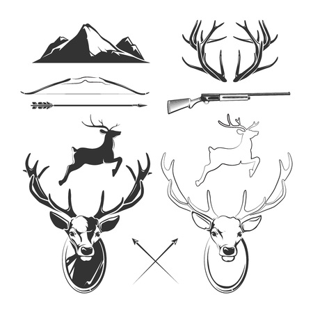 Deer head vector elements constructor for vintage hunting and hipster labels. Animal deer, horn deer and gun, reindeer head, label deer vintage illustrationのイラスト素材