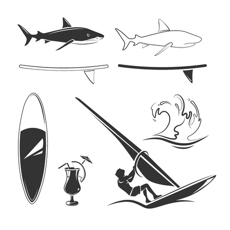 Vector elements for surfing labels and emblems. Badge surfing, vintage swim surfing, wave surfing illustrationのイラスト素材