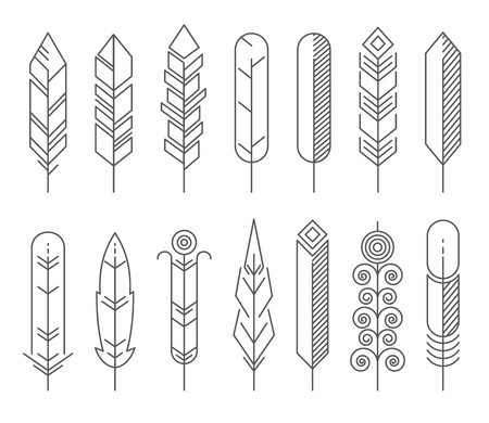 Hipster line feathers vector set. Feather hipster ethnic iconsのイラスト素材