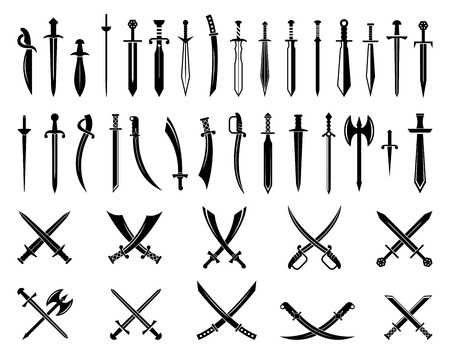Sword icons set. Ancient crossed swords pictograms. Vector weapon military for battle illustrationのイラスト素材