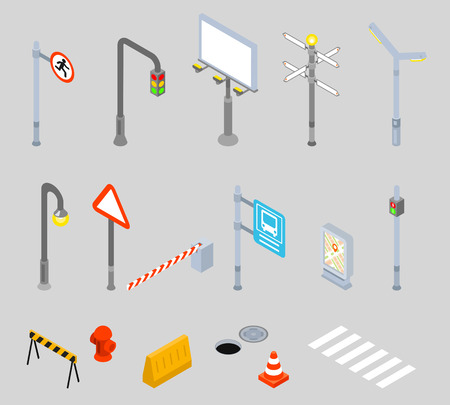 Isometric traffic management icons. Urban 3D vector street traffic icons. Street signs, zebra crossing and street lightのイラスト素材