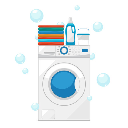 Washing machine. Vector wash clothes illustration. Equipment housework laundryのイラスト素材