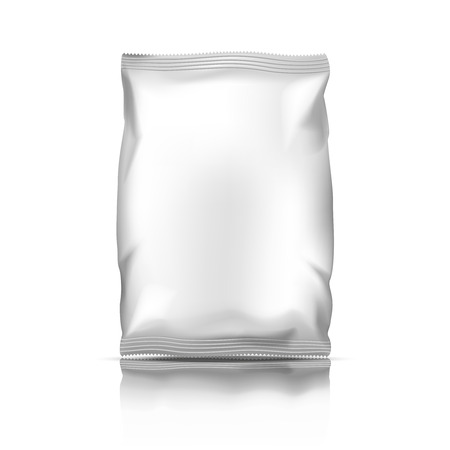 Snack plastic pack or silver packaging. Foil food pack polythene container package vector illustrationのイラスト素材