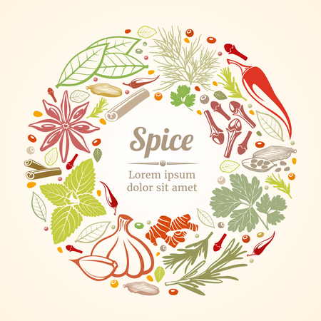 Spices and herbs icons in circle composition. Healthy lifestyle concept. Vector illustrationのイラスト素材