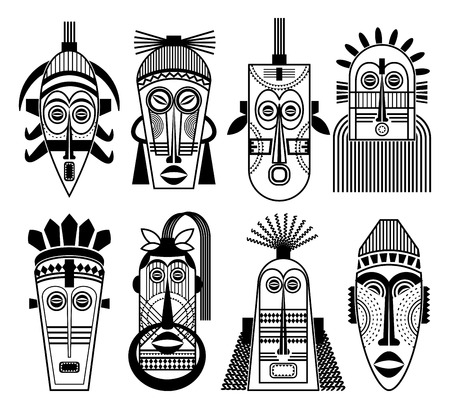 Ethnic masks or tribal masks flat icons. African souvenir aborigine totem ritual mask set. Vector illustrationのイラスト素材