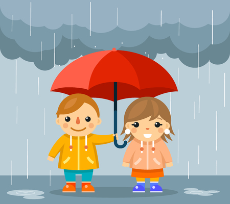 Cute boy and girl with umbrella standing under rain. Standing happy couple under parasol, vector illustrationのイラスト素材