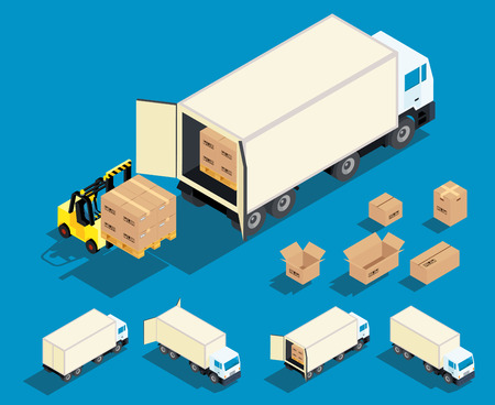 Loading cargo in the truck isometric vector illustration. Delivery, freight cargo transportation industryのイラスト素材