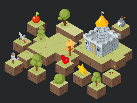 Isometric 3D game play scene vector. Scene for game and illustration isometric landscape for video gameのイラスト素材