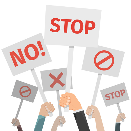 Protest concept. Hands holding different signs, No and stop, cross and forbid. Banner for revolution and demonstration, placard with conceptual revolution. Vector illustrationのイラスト素材