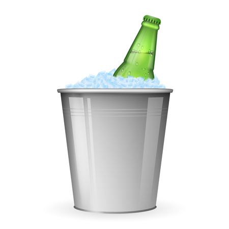 Beer on ice in metal bucket isolated on white vector. Bottle beer in ice, beverage beer in bucket with ice illustrationのイラスト素材
