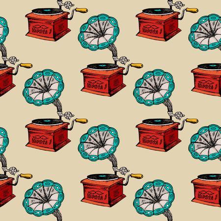 Retro gramophone seamless pattern. Vintage background music sound, vector illustrationのイラスト素材
