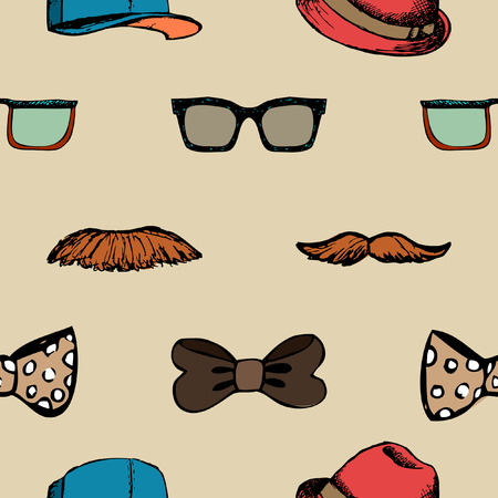 Bow tie, glasses and mustache seamless pattern. Hipster background vector illustrationのイラスト素材