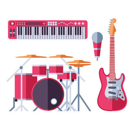 Vector musical instruments flat icons for musical group. Guitar synthesizer and drum with microphone for musical band illustrationのイラスト素材