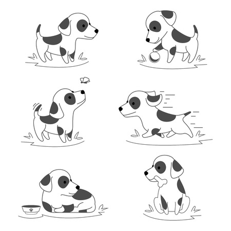 Cute puppy dog doodle vector. Pets running and actively playing illustrationのイラスト素材