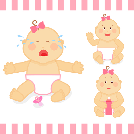 Cute cartoon small pink baby girl vector illustration. Baby toddler crying, sadness baby with bottle of milkのイラスト素材