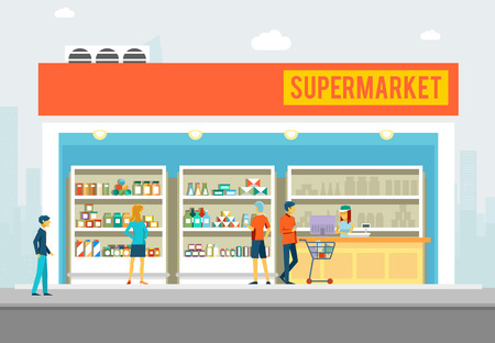 People in supermarket. Interior shop for marketing banners. Big store with products. Vector illustrationのイラスト素材