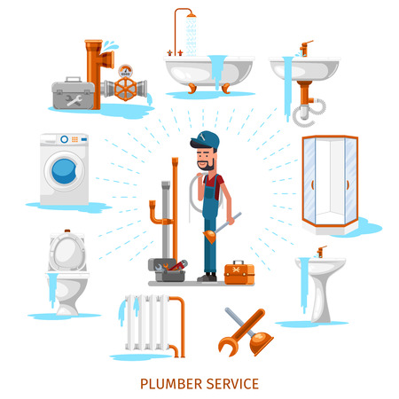 Plumber or maintenance engineer at plumbing work. Service repair, vector illustrationのイラスト素材