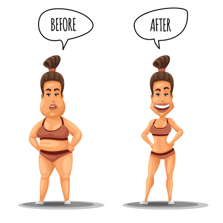 Perfect woman. Girl before and after weight loss vector illustration. Woman with overweight amd woman with perfect figure of bodyのイラスト素材