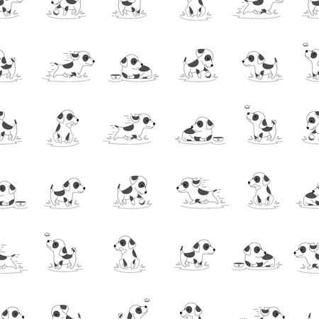 Seamless vector pattern with dog. Happy dog running and playing. Background with young dog illustrationのイラスト素材