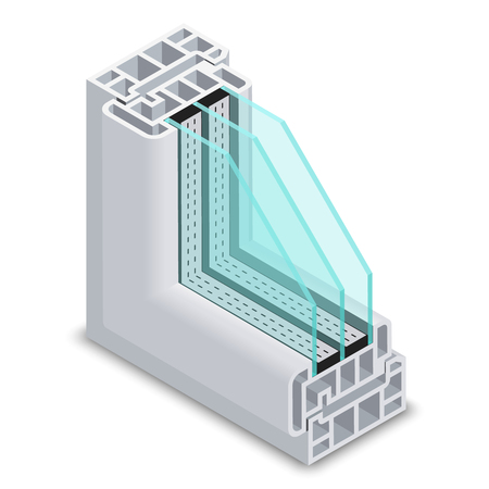 Energy efficient window cross section vector illustration. Plastic profile energy saving window, structure corner windowのイラスト素材
