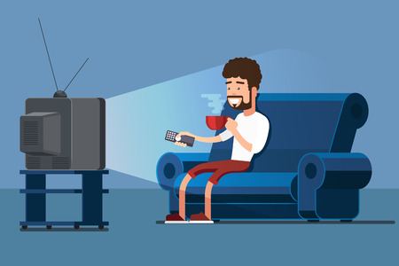 Man watches TV on sofa with coffee cup vector illustration. Watching TV and drink coffee, relax at home on couchのイラスト素材