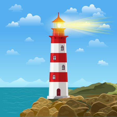 Lighthouse on ocean or sea beach cartoon background vector illustration. Lighthouse on coast of sea, structure of lighthouse on shoreのイラスト素材